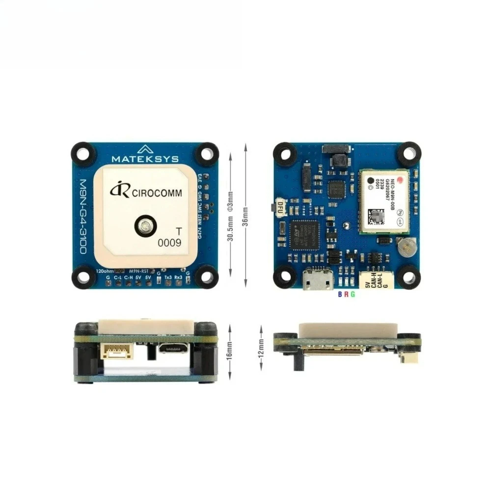 MATEKS Mateksys GNSS M9N-G4-3100 GNSS GPS U-blox NEO-M9N Module Supports CAN UAVCAN and UART/MSP Communication Interfaces