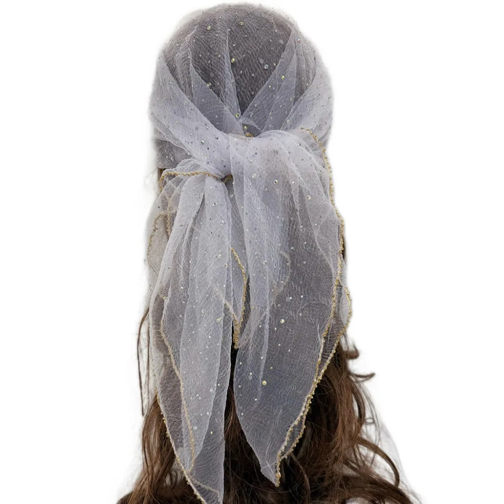 Luxury Sparkle Hotfix Rhinestone Square Scarf Sequin Thin Mesh Bandana Lace Trim Gold Trim Glitter Veil Turban Head Accessories