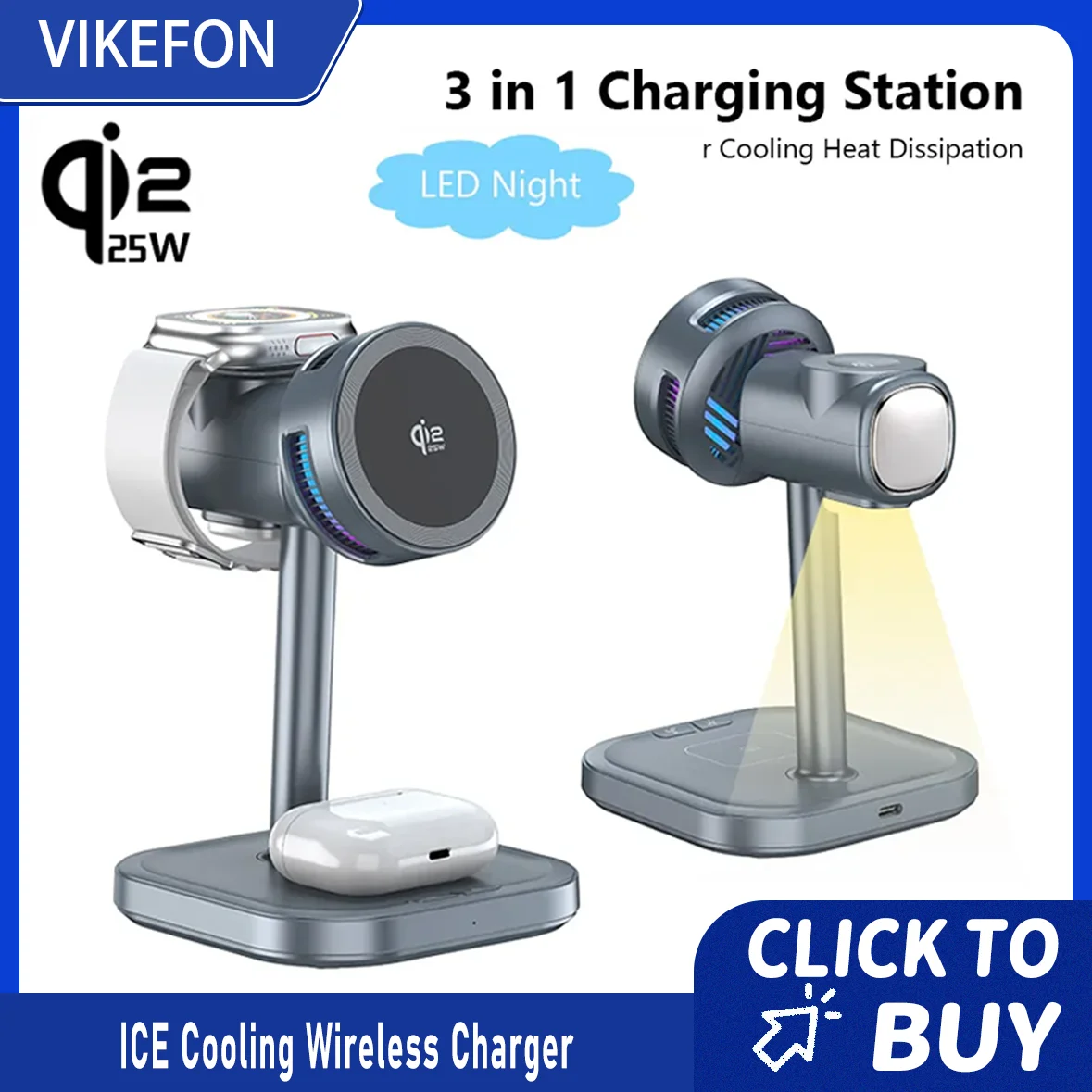 

Беспроводная магнитная зарядная станция ICE Cooling Rotation с быстрой зарядкой для iPhone 17, 16, 15, 14, 13 Pro Max, Apple Watch 2-8, Airpods