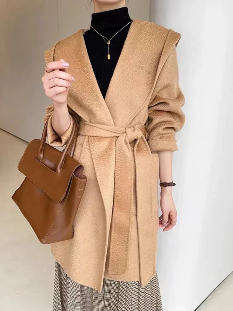 

2023 High-end Hooded Cashmere Coat Women Autumn Long Loose Camel Coat Short Water Ripple Lace-up Fashion Casual Jacket Female Wi