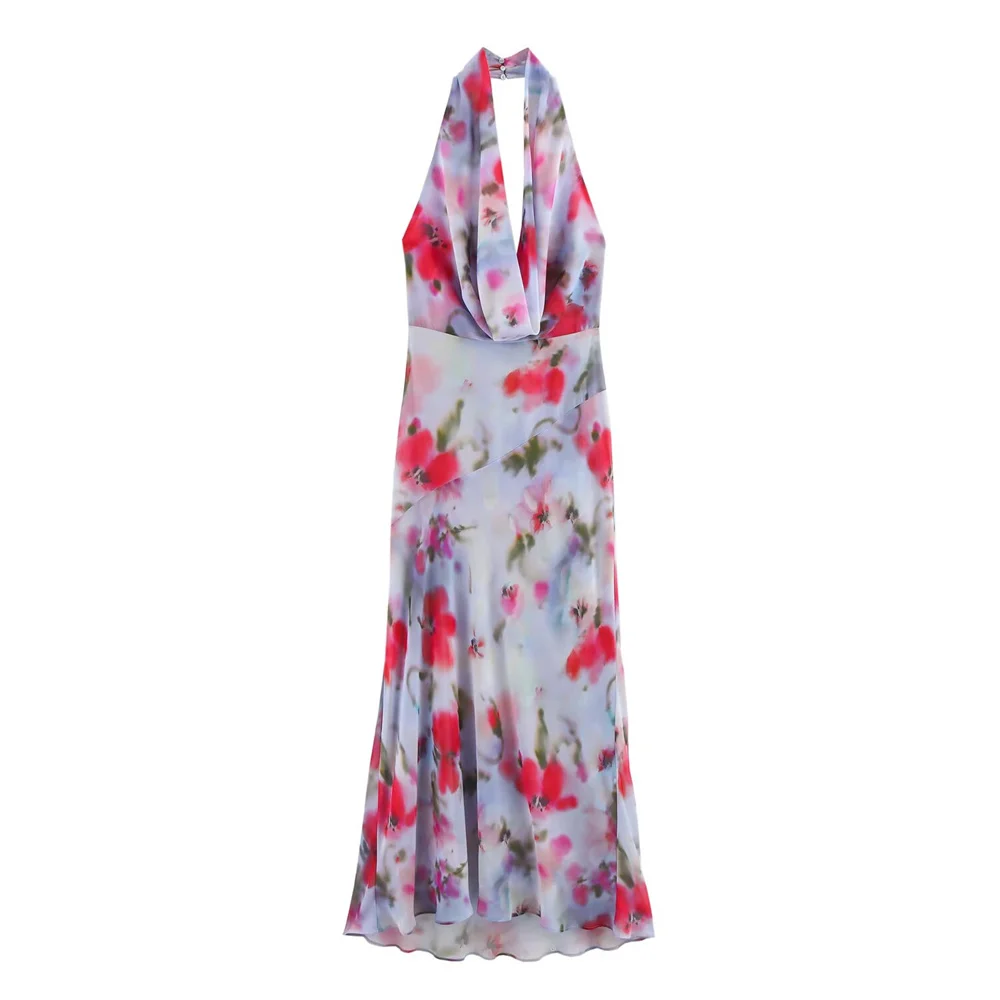 

PB&ZA 2025 Womens Floral Print Halter Neck Sleeveless Maxi Dress Deep V Neck Elegant Summer Party Wear