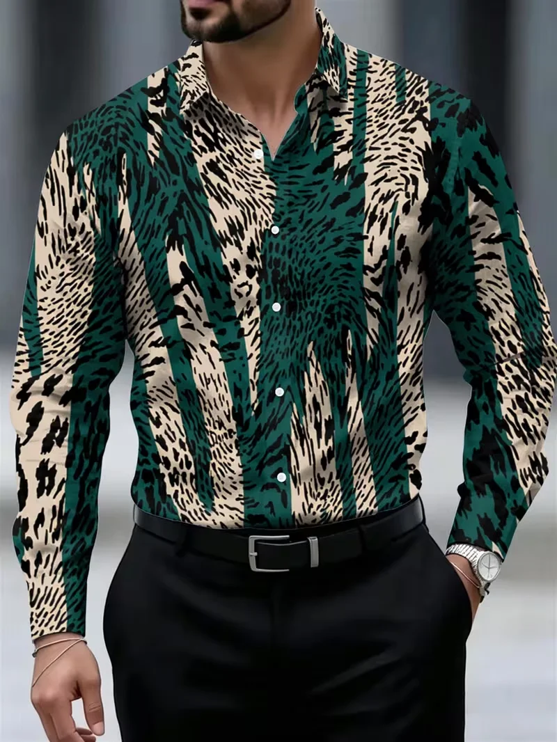 New men's dark base pink green floral long sleeved shirt with retro daisy tulip print lapel casual vacation shirt