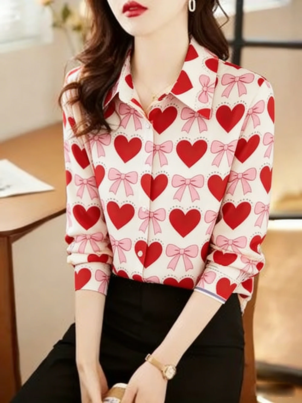 

Women Casual Love Print Turn Down Collar Long Sleeve Shirt White Pink Blue for Autumn Woman Clothing