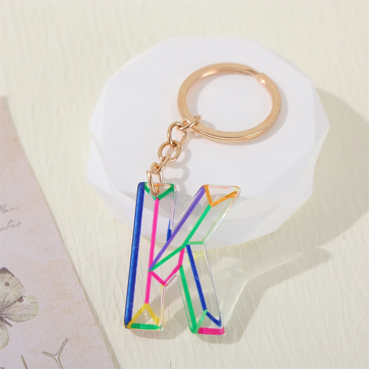 Alphabet Keychain, Transparent Letter Pendant With Line Pattern, 26 Initials Charm Durable Key Ring Accessory