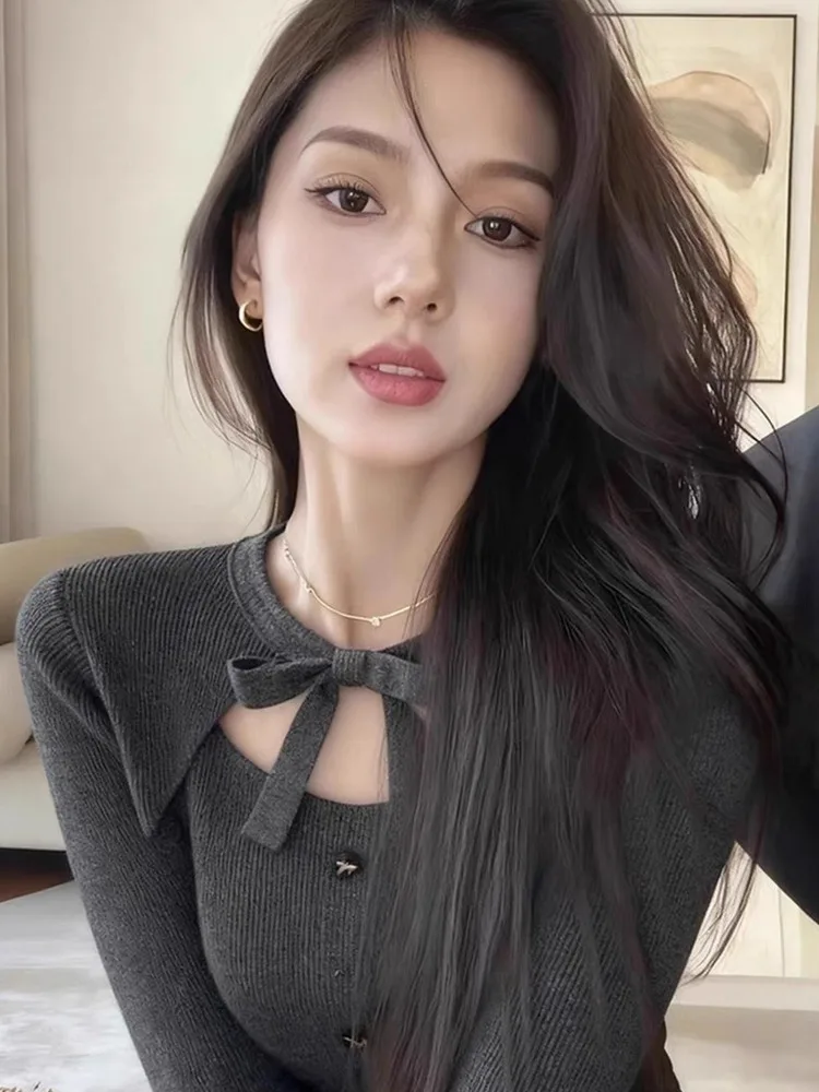 Bla جولة Ne محبوك سترة الجوف خارج تصميم سليم صالح طويل Sve المرأة الخريف الشتاء Faion مثير أعلى عقدة