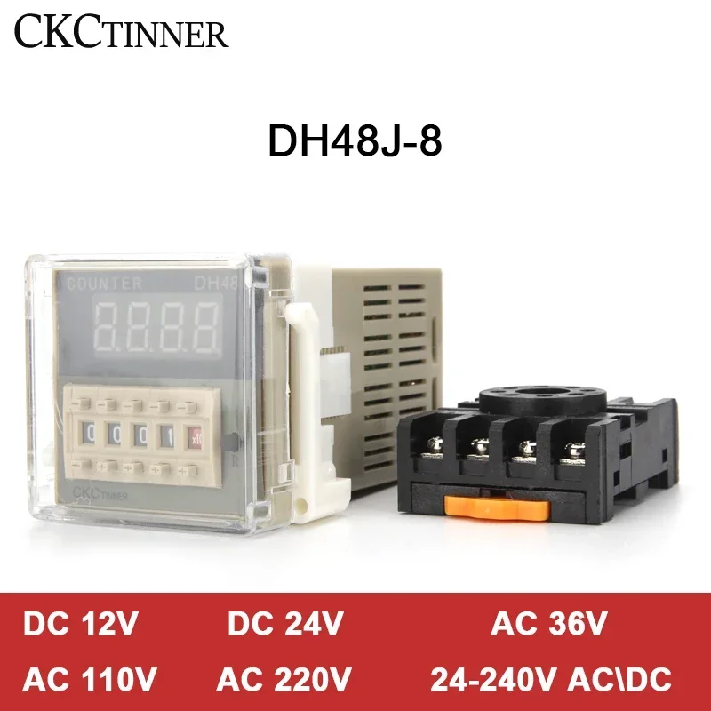 DH48J-8 Electronic preset digital counters acyclic display counters 1-999900 relay 8PIN with base DC12V/24V/36V AC110V/220V/380V