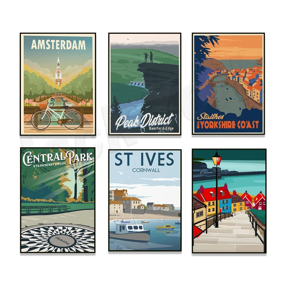 Blue Ridge Parkway, St Ives, Amsterdã, Peak District Bamford Edge, Staithes Yorkshire Coast, Whitby 199 Steps Travel Poster