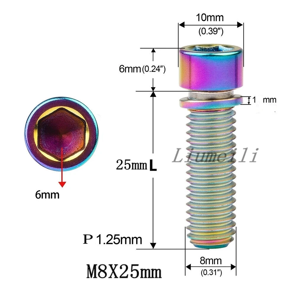 Liumeili Titanium Ti Bolts M7x20 M7X25mm M8x25mm Stigma Head Screws with Washers for Bike Bicycle Stem Motor Bike Screw 1PC