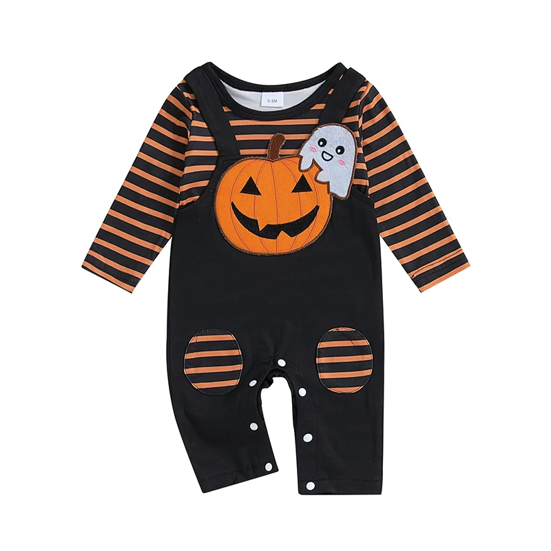 Baby Halloween Romper Casual Striped Print Embroidery Toddler Long Sleeve Jumpsuit for Newborn Girl Boy Cute Clothes