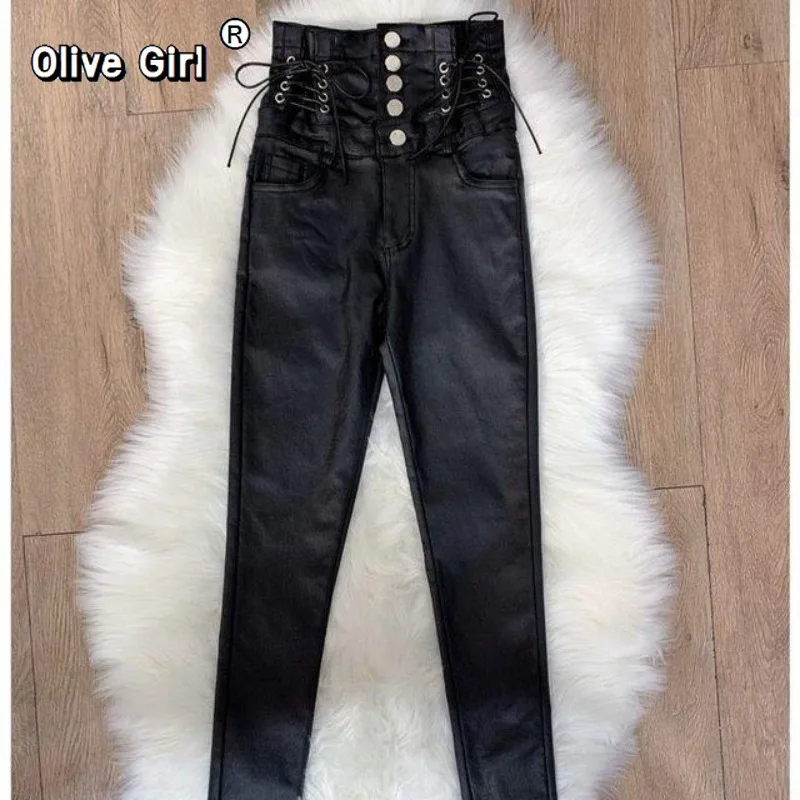Olivegirl Women High Waisted Faux Leather Pants PU Leggings Single-Breasted Plus Velvet Matte Skinny Black Sexy Pencil Pants