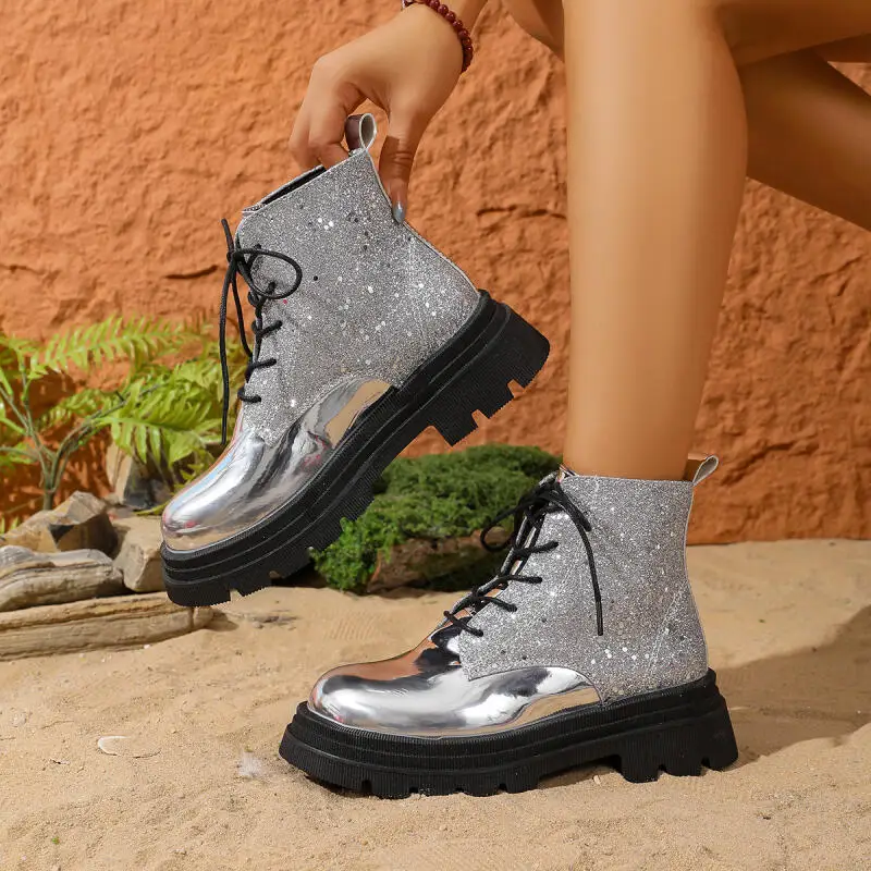 

Luxury Silver Glitter Thick Bottom Lace Up Ankle Boots Women 2025 Winter Rhinestone Designer Short Boots Woman Sexy Party Shoes