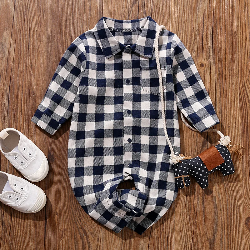 Spring and Autumn Long Sleeves Boys And Girls Literary Style Checkered Shirt Casual Comfortable Short Sleeve Baby Bodysuit