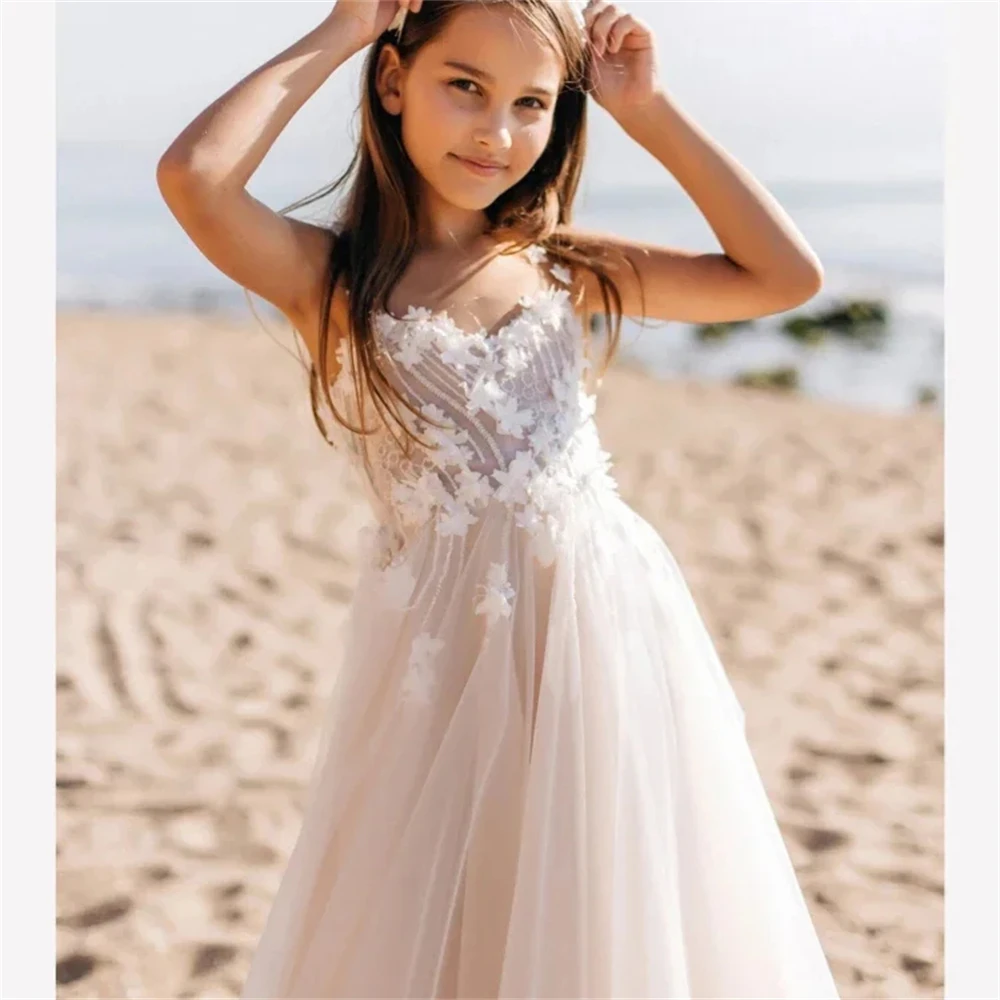 

Customized White Flower Girl Dress For Wedding Appliques Tulle Sleeveless High Waist Elegant Kids Birthday First Communion Gown