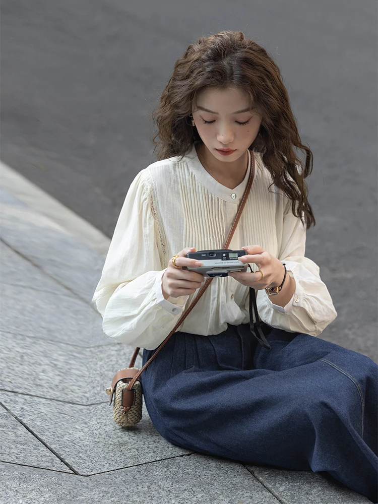 

Soft Lace Lantern Sve irt Women's Thin New Design Sensitivi Spring Autumn Retro Sle Loose Fit Long Sve round Ne