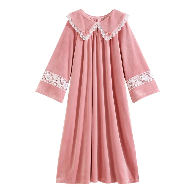 Autumn Winter Long Nightgown Princess Sleepwear Fairy Velour Robe Nightdress Women Sweet Lace Pink Thick Velvet Night Dress