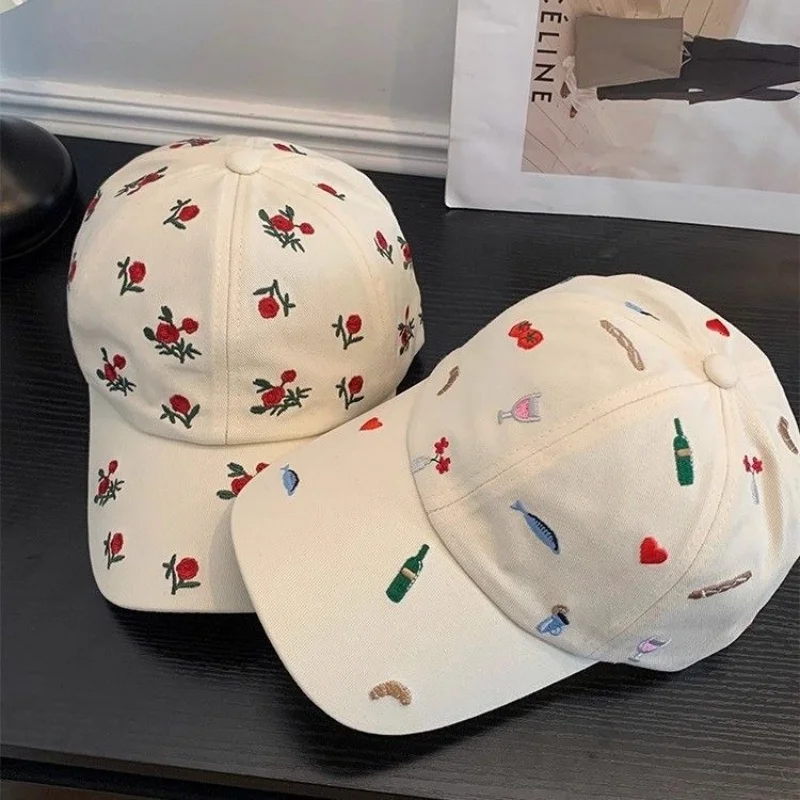Kawaii-Baseballmütze mit Stickerei für Damen, ästhetisches Lebensmittel- und Weinmuster, weiche Baumwolle, verstellbare Papa-Mütze, Sommer-Sonnenschutz für den Außenbereich, Ca