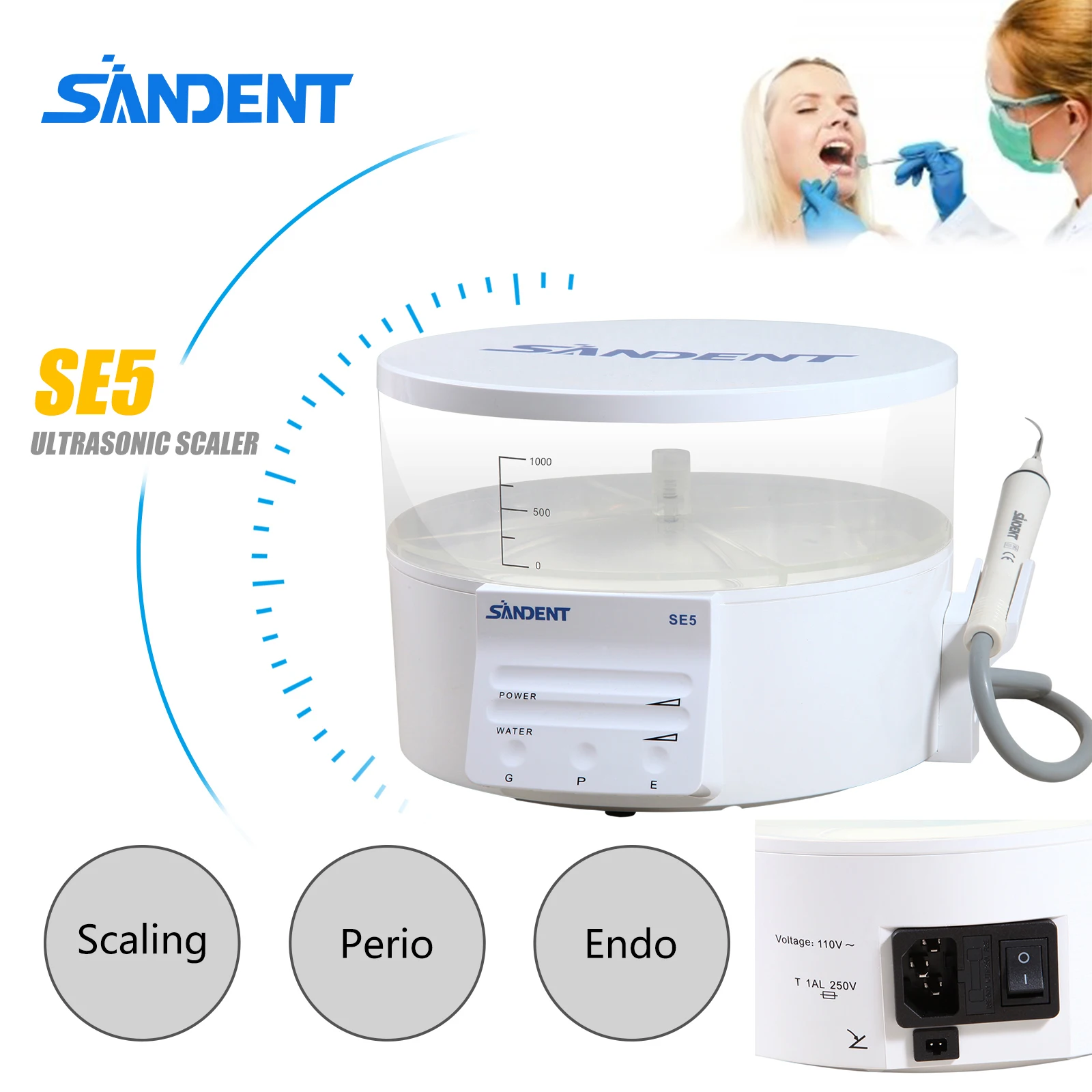 SANDENT Dental Ultrasonic Scaler fit EMS Cavitron Endo Touch Control +Handpiece+5 Tips+1L Bottle Files Oral Care Cleaning Teeth