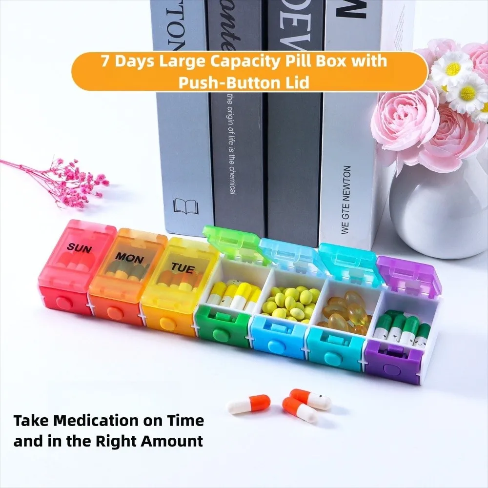 

7 Grid Button-Press Lid Pill Box Pill Dispenser Storage Box Weekly Pillbox Tablet Holder with Compartments 7 Days