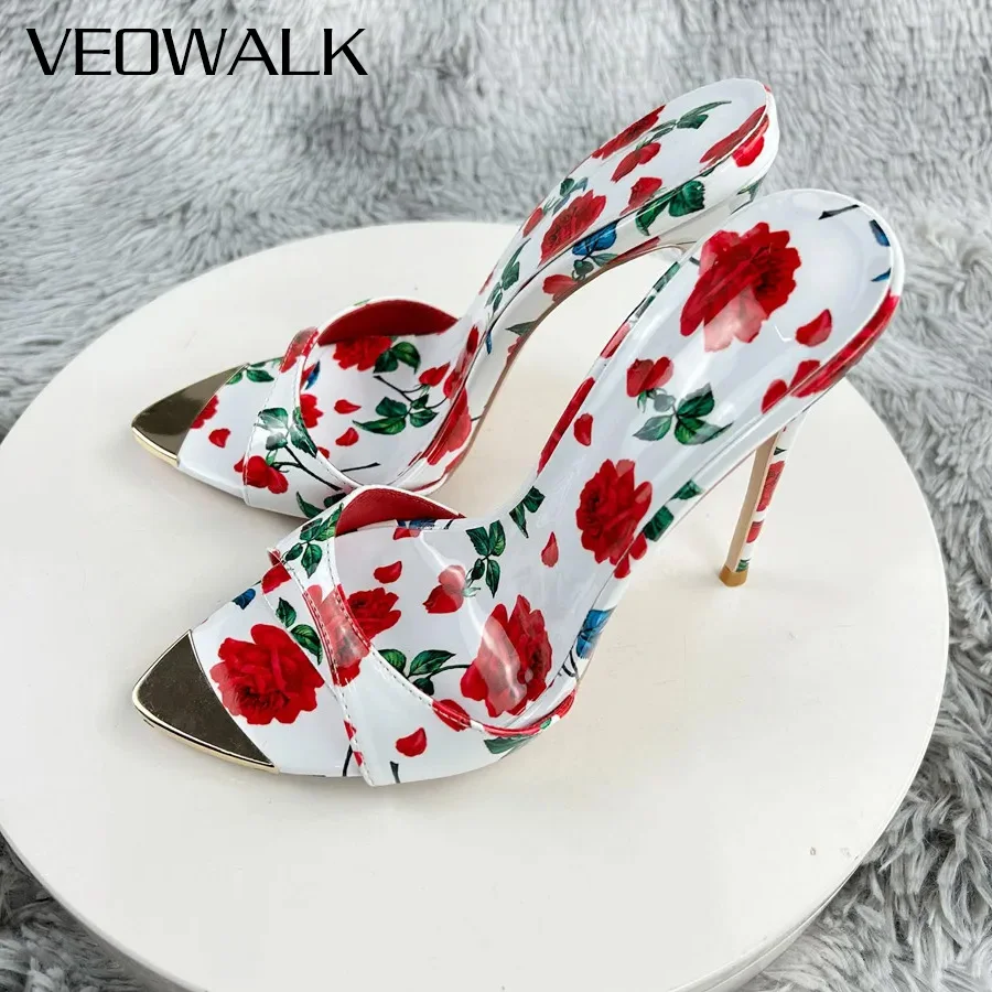 

Сексуальные женские туфли-лодочки на шпильке с красной розой и цветочным принтом длиной 12 см, модные босоножки без шнуровки на высоком каблуке с золотым металлом