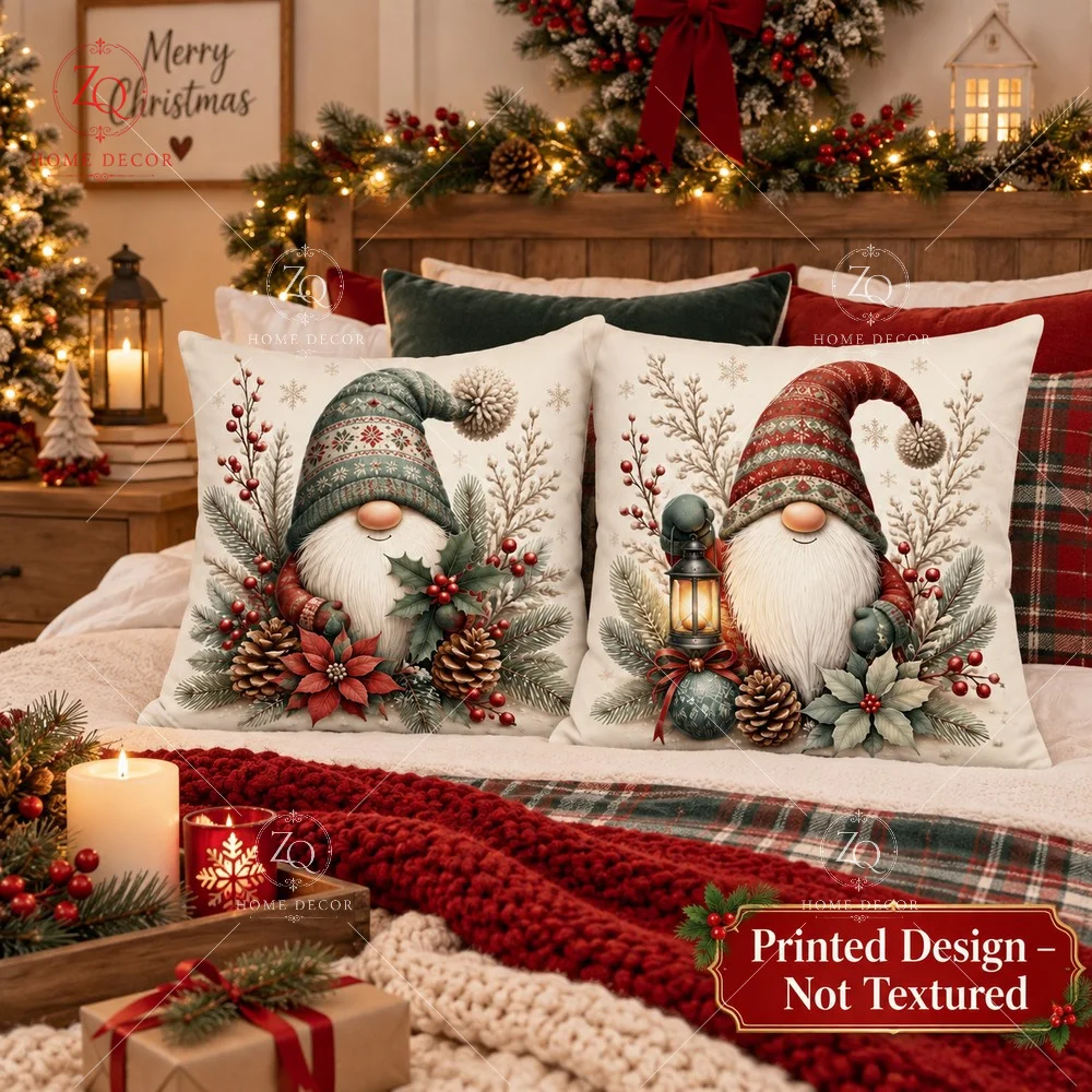Christmas Gnome Pillow Cover 2D Flat Printed Peach Skin Nordic Cushion Case Holiday Living Room Sofa Decor Throw Pillowcase