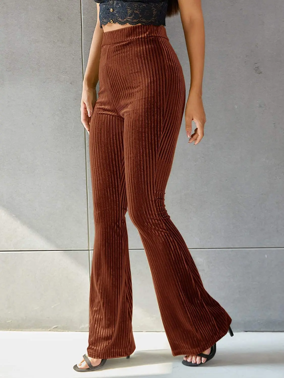 2025 New European and American Women's Fashion, Sexy, Pure Color High-waisted Velvet Corduroy Bell-bottom Pants