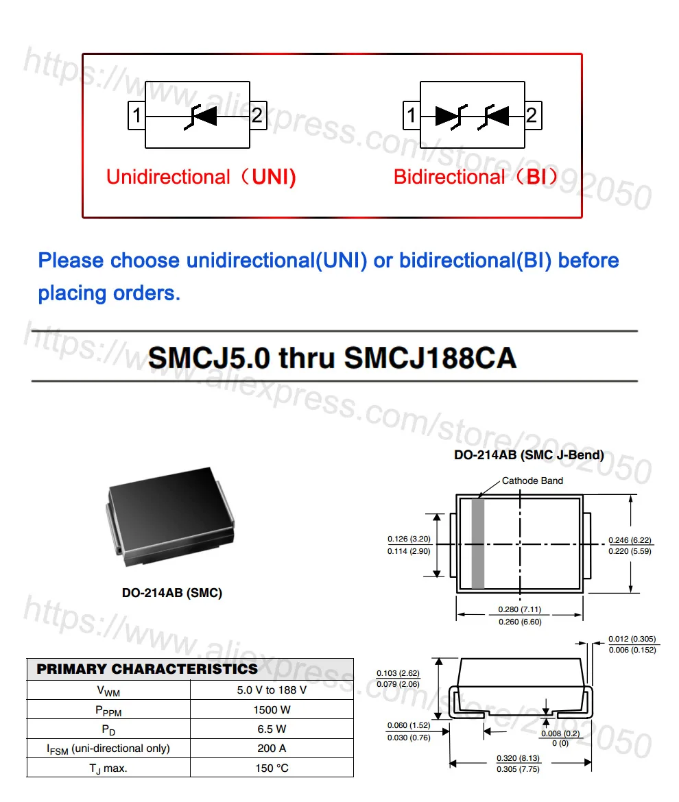 JASNPROSMA 200 個 850 個 SMCJ SMCJ100 SMCJ100A SMCJ100CA SMCJ110 SMCJ110A SMCJ110CA SMCJ120 SMCJ120A SMCJ120CA ダイオード DO214AB