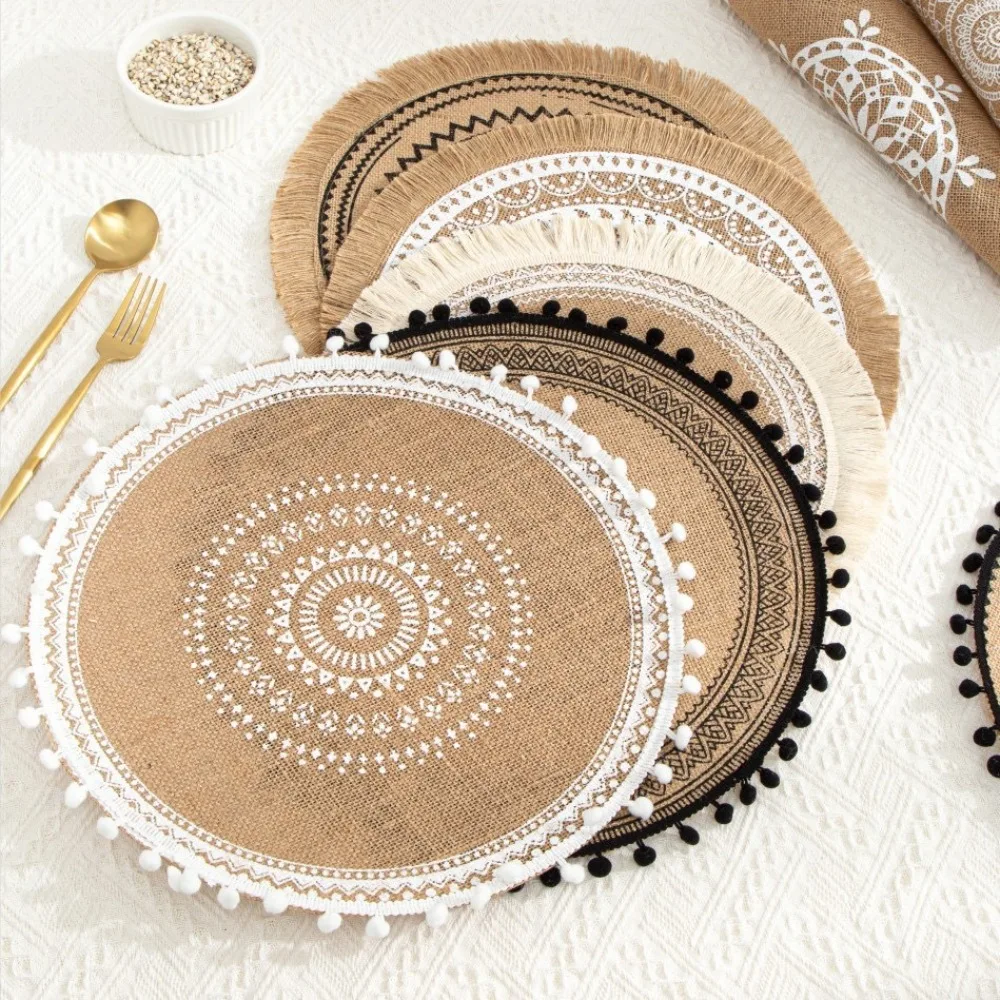 Vintage 36/38cm Round Placemat Non-Slip Washable Cup Coaster Mat Bohemian with Tassels Braided Place Mats Dining Table