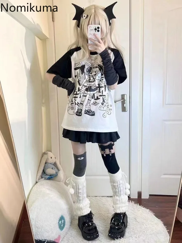 تيشيرتات نسائية قصيرة الأكمام برقبة دائرية ، ملابس هاراجاكي ، توبات كبيرة الحجم ، كاجوال أنيق ، جميل ، صيفي ، Y2K #4