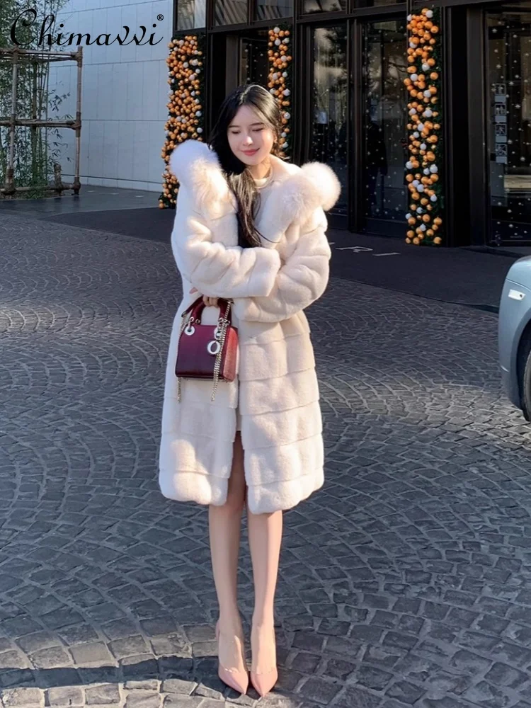 خريف شتاء جديد الراقية موضة الثعلب الفراء طوق طويل مقنعين معطف الفرو فضفاض أنيق دافئ تقليد فرو المنك سترة للنساء