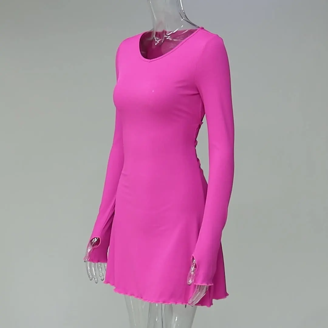 2025 New Women's O-neck Solid Long Sleeve Mini Dresses Tie up Sexy Short Dress Hip Wrap Slim Casual Shirt Fashion Y2k Clothes