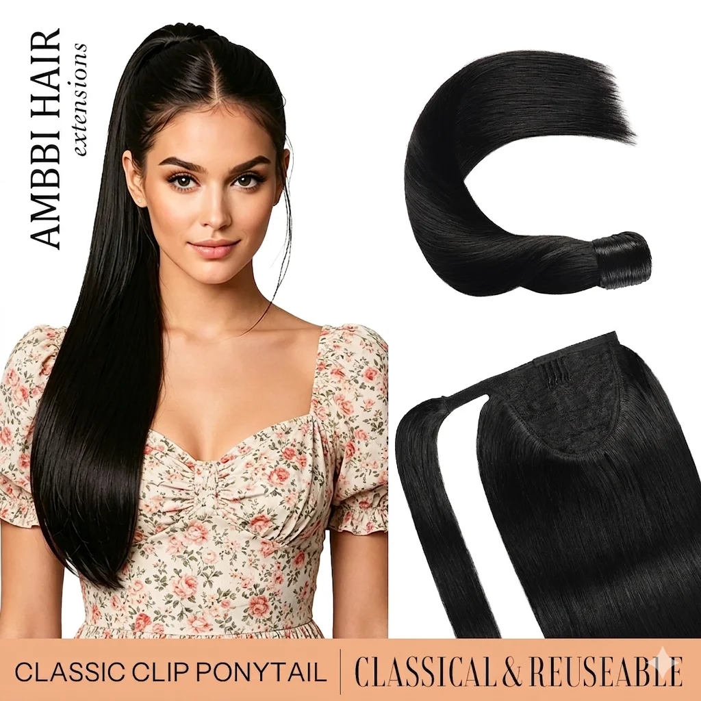 

Straight Remy 100% Natural Human Hair Ponytail Extensions Magic Wrap around Clip in Horsetail Hair Extensions