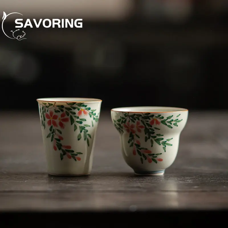 2pc/Set 50ml Hand-painted Lingxiao Flower Tea Cup Ceramic Kung Fu Tea Set Underglaze Color Single Cup Home Drinking Tea Cup