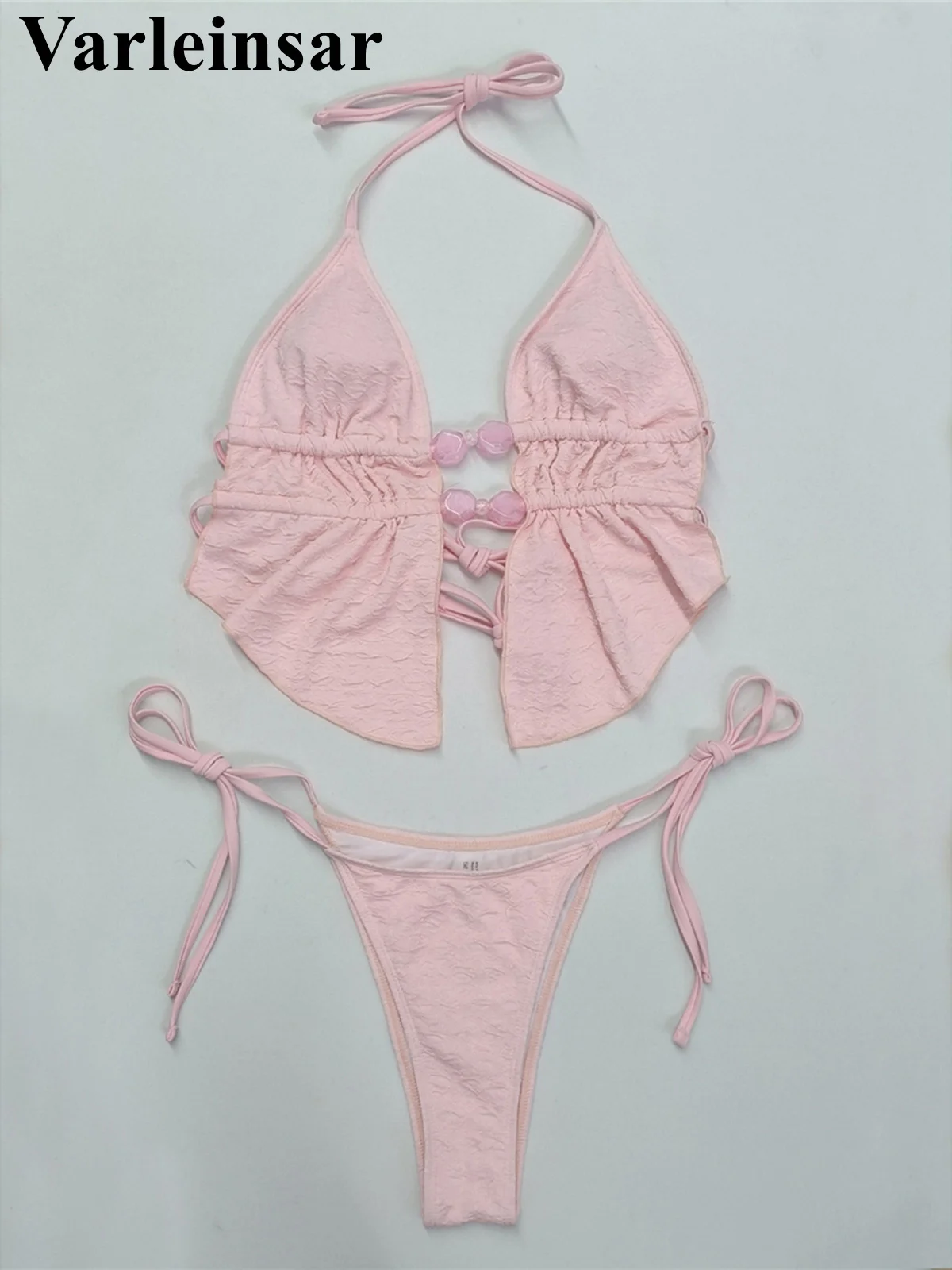 

S - XL Wrinkled Bikini Halter Tankini Female Swimsuit Women Swimwear Two-pieces Bikini set Padded Bather Bathing Suit Swim V7819