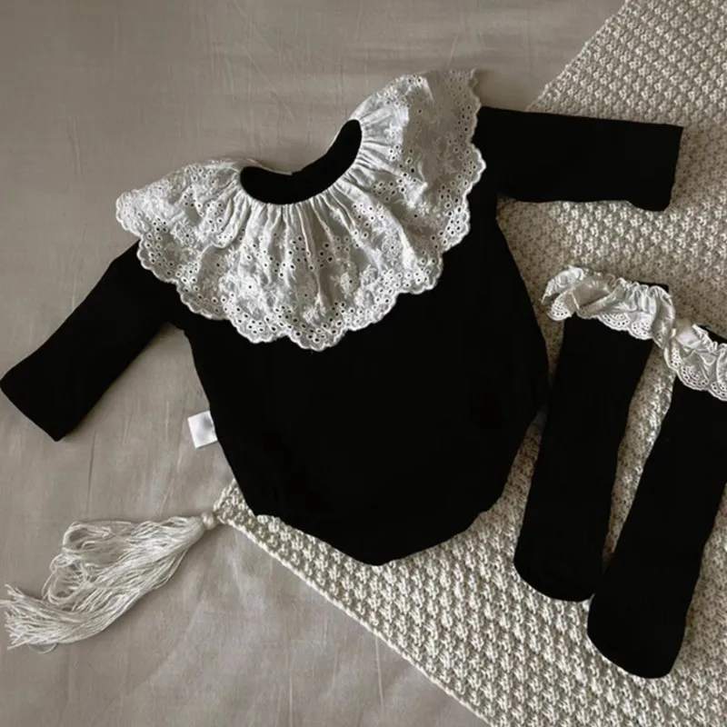 Newborn Baby Girl Black Cotton Lace Collar Romper Infant Toddler Solid Long Sleeve Jumpsuit Spring Autumn Baby Clothes 3M-18M