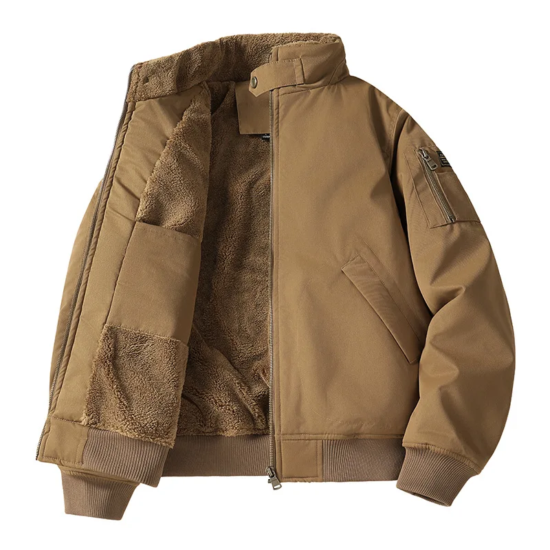 EU Size Men Winter Fleece Lined Flight Bomber Jacket Multi Pockets Loose Cargo Workwear Coat
