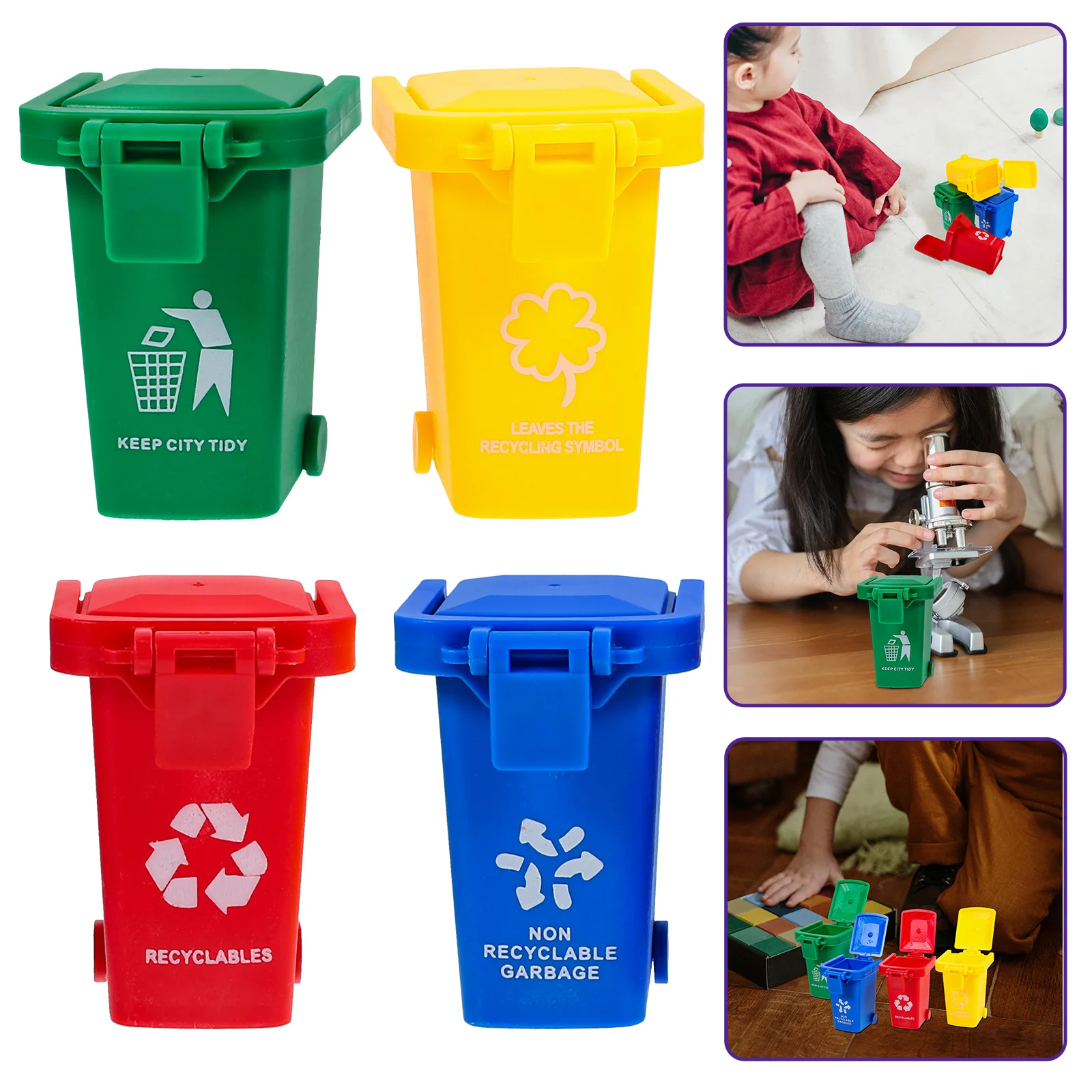 4pc Can Garbage Trash Mini Toy Miniature Model Bin House Toddler Outdoor Toys Truck Cans Sorting Desk Curbside Game Kids Scene