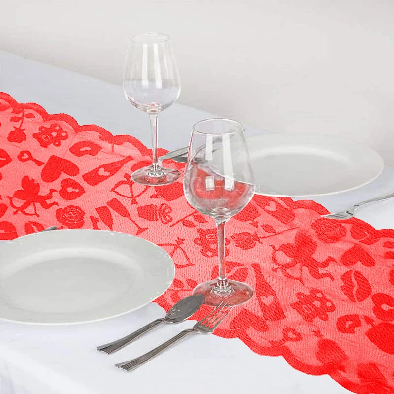 Valentine's Day Red Lace Table Runner  Hollow Heart Rose Lip Pattern, Polyester Scalloped Decor for Wedding Romantic Dinner