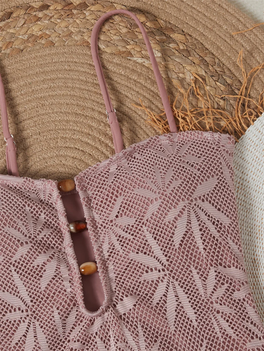 Einteiliger Badeanzug für Damen, gehäkelte Spitze, tiefer V-Ausschnitt, sexy Badeanzug, Sommer, Strandurlaub, Bademode, verstellbarer Riemen, Monokini – Detail 9