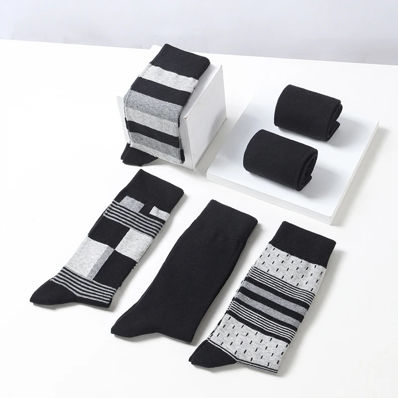 6 Pairs Men\'s Business Socks High Quality Cotton Soft Casual Brand Stripe Black Plus Size Gentleman Plus Size Male Dress Sock