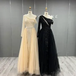 YQLNNE Black One Shoulder Crystals Evening Dresses Long Sleeve Tulle Ball Gown Beaded Formal Party Gowns