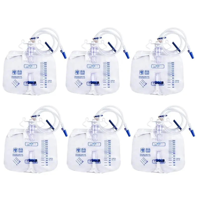 ABIT Leak Proof Anti Reflux 2000Ml Urine Drainage Bag(6 Pack) With 48" Tubing, Cross-Shaped Valve And Dual Hook Design