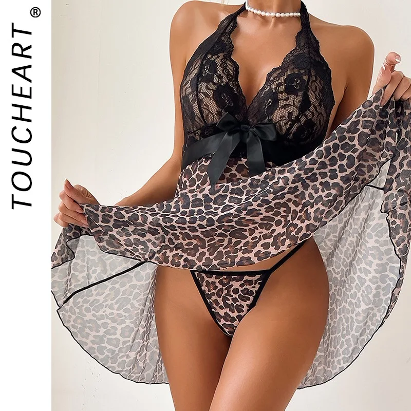 

Toucheart сексуальная юбка для сна с лямкой на шее, трусики с леопардовым принтом в стиле пэчворк, тонкий декор с бантом и узлом, женский интересный горячий соблазнительный комплект