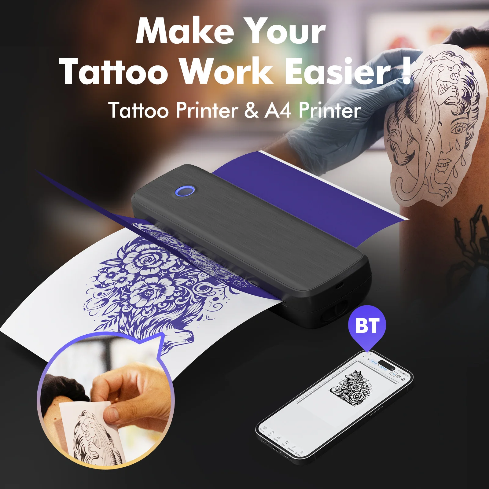 

Wireless Bluetooth Tattoo Transfer Stencil Printer Portable Tattoo Transfer Thermal Printer Machine Compatible with Smartphone