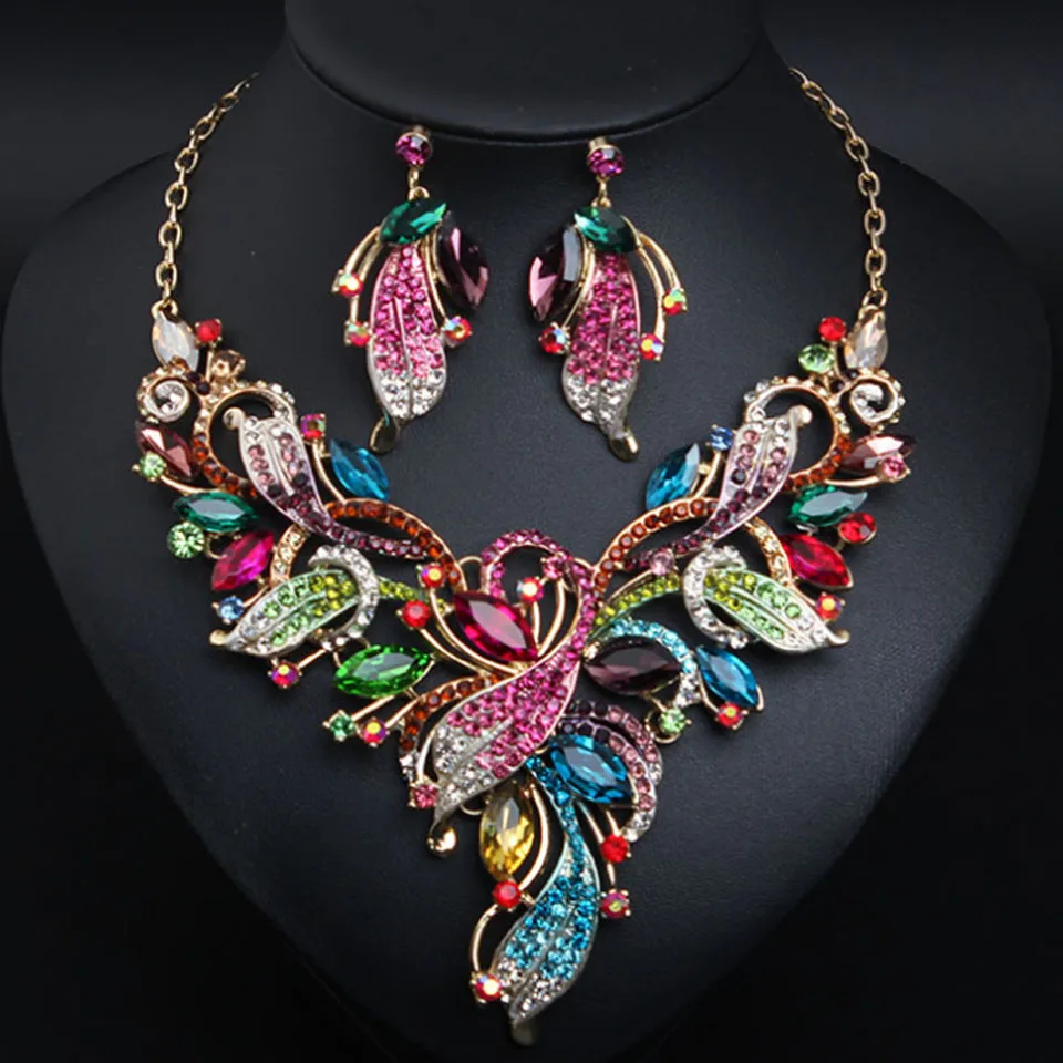 Zlxgirl Colorful Rhinestone Crystal women\'s wedding necklace earring jewelry set Mixed Color Enamel neclace and Ears party gift