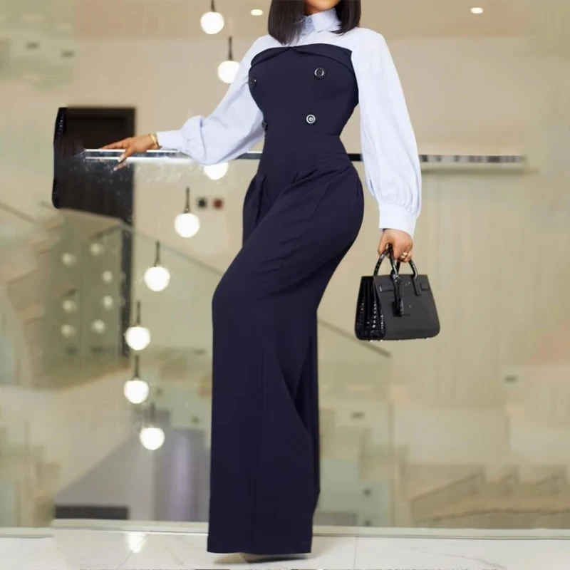 Gymystars Party Jumpsuits Full Elegant Women's Palazos High Waisted Buttoned Pleated Long Sleeves Lapel All-in-one Shirt Female