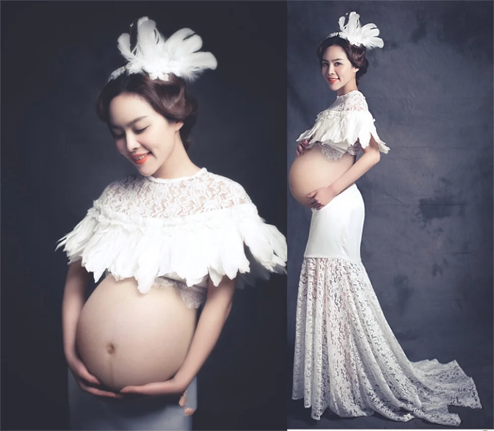 

3 Pcs Top+Dress+Feather Headdress Women Maternity Robes Photoshoot Pregnant Bathrobe Evening Prom Dress Photograph Sleepwear