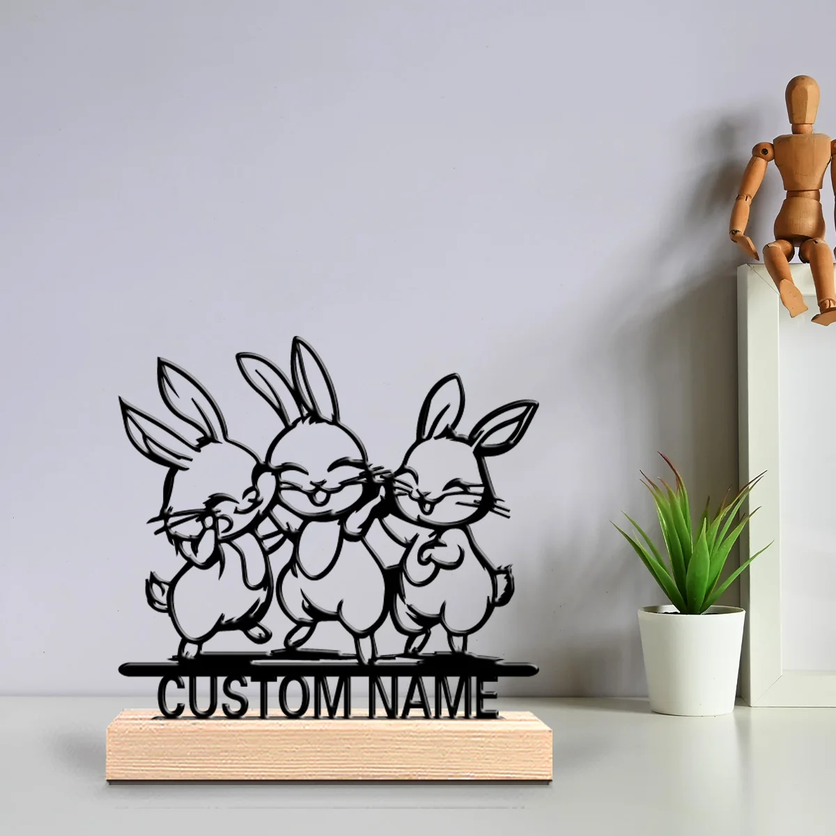 1pc Beauty Personalized Custom rabbit Metal Statues Nature-Inspired Wooden Base Decor for Office, Living Room, Zen, Calm Spaces