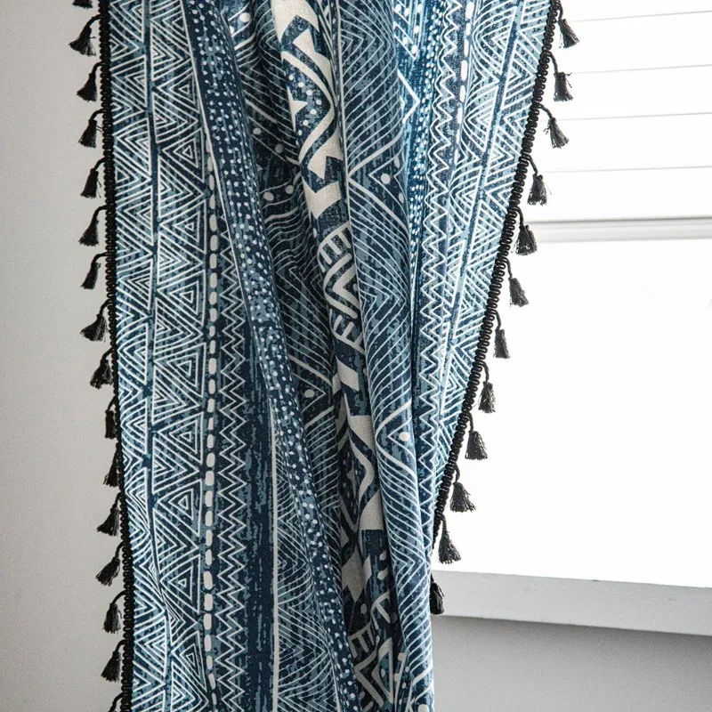 Boho Blue Geometry Cotton Linen Curtain Black Tassel Curtains for Living Room Bedroom American Style Vintage Drape Valance