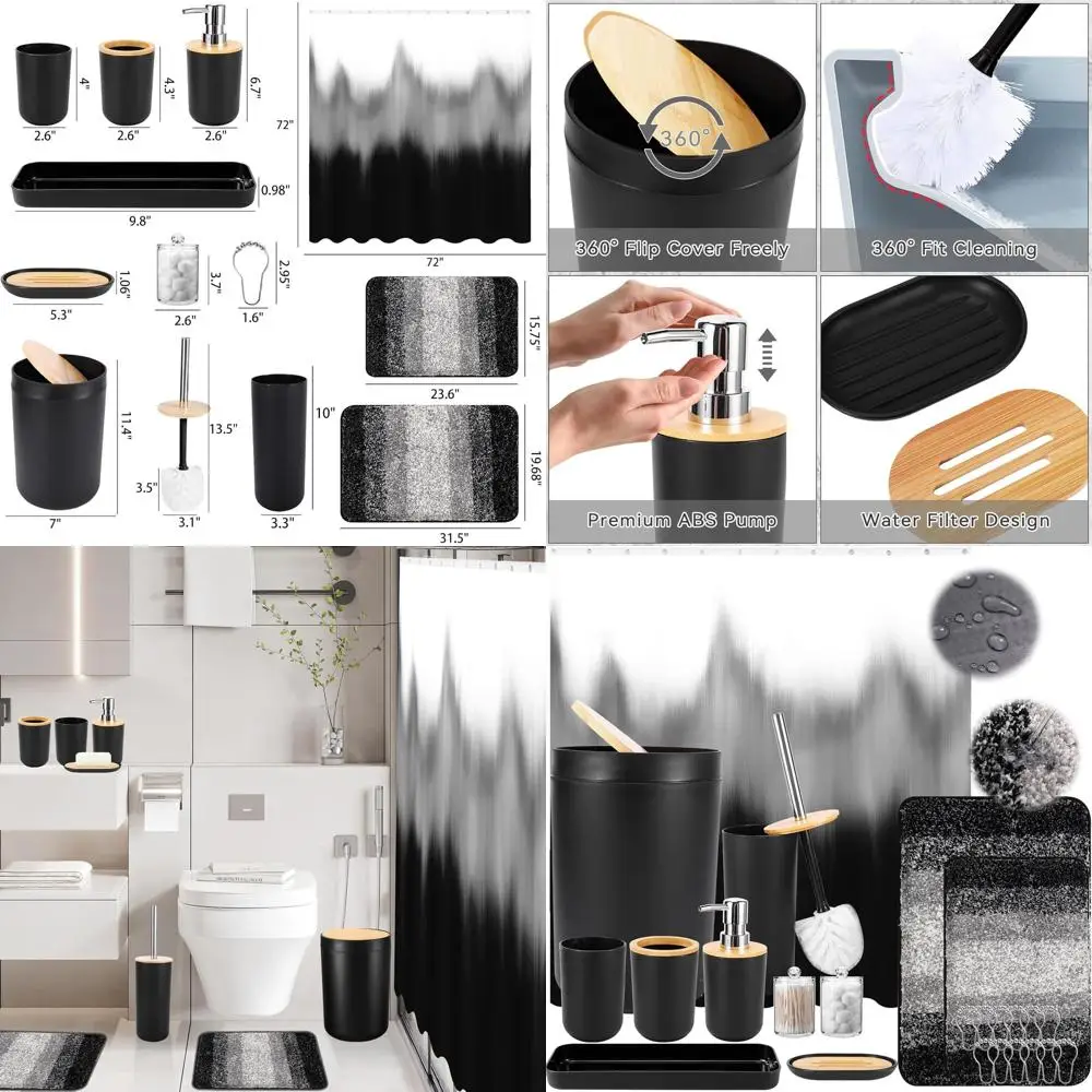 

Black Ombre Shower Curtain and Bath Rug Set: Modern Bathroom Accessories for Home Decor