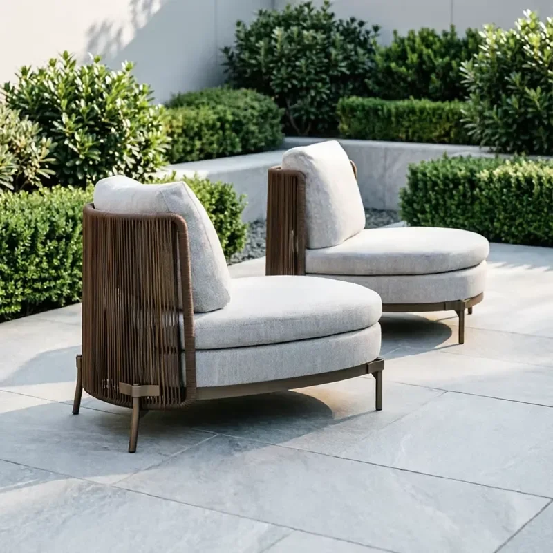 Outdoor Rope Woven Modular Sofa Set Rounded Rattan Lounge Chair Ottoman Collection Bronze Metal Legs Villa Garden Courtyard